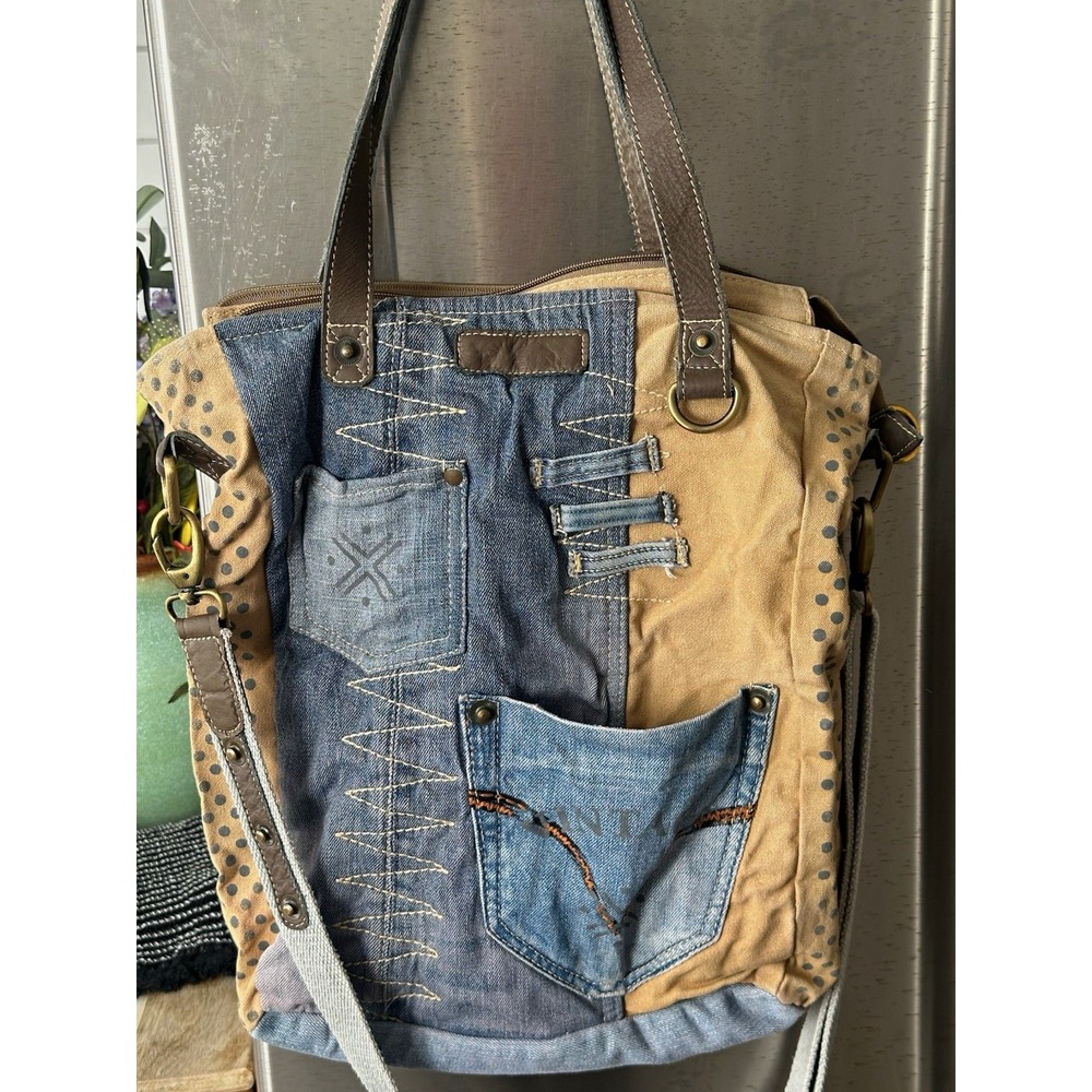 Travelteli Retro Denim Tote Bag Convertible  Crossbody Patchwork Boho large Mint